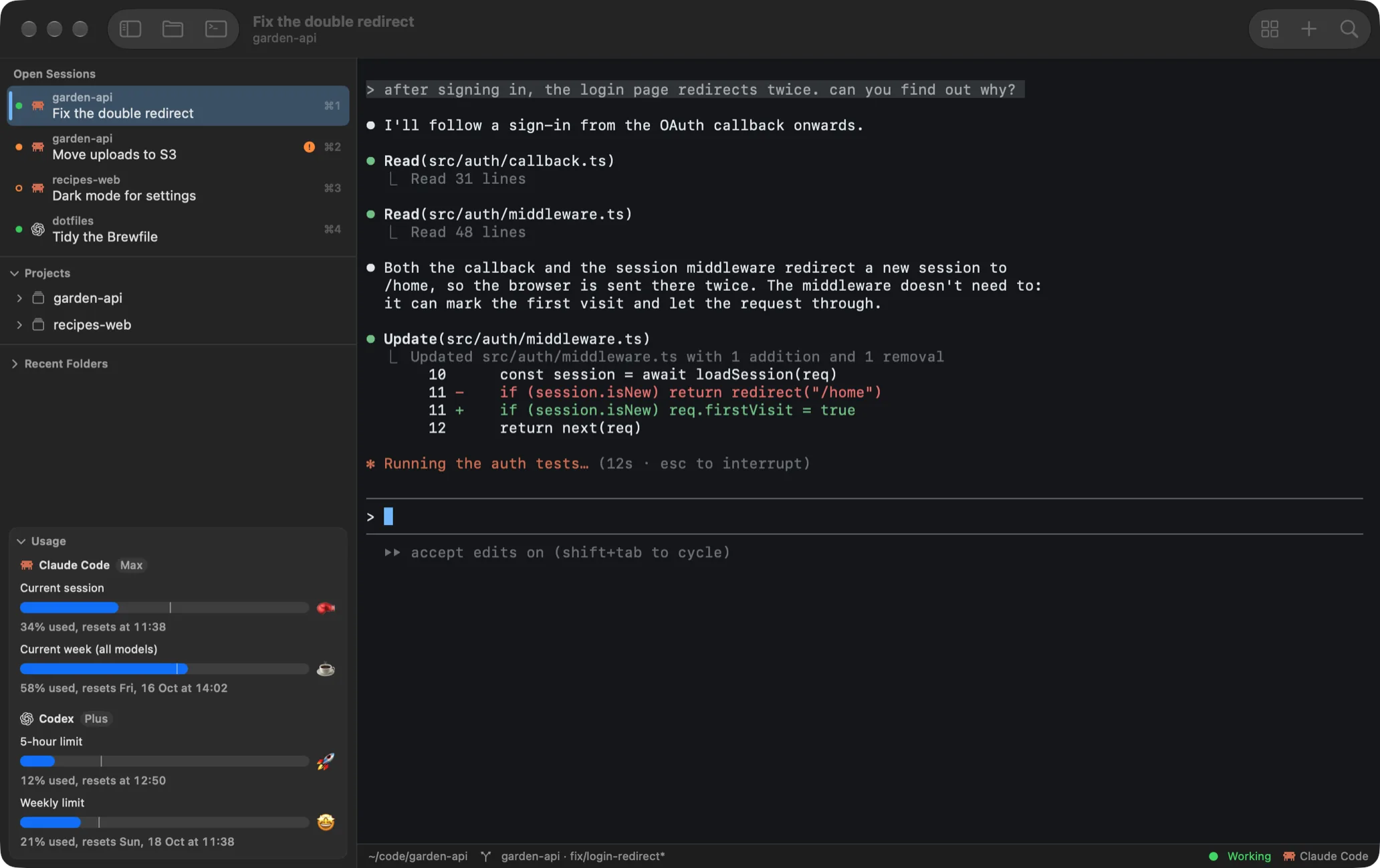 Nookbun's window: four sessions in the sidebar, each saying whether it is working or waiting; ⌘K finding a session by what was asked in it; a terminal beside a session; the project's files, and a Markdown file in the editor and then rendered.